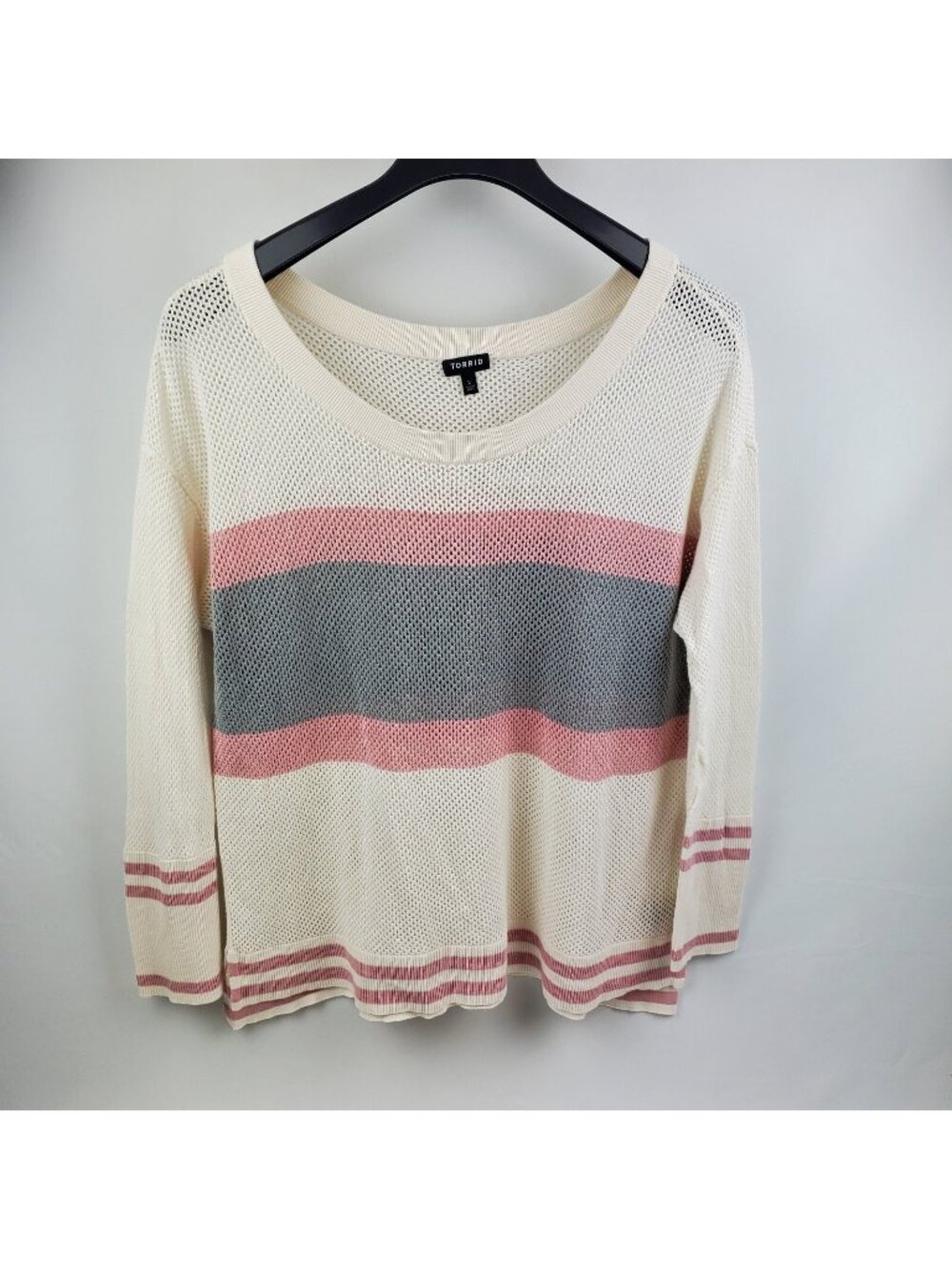 Torrid Sweater Women Torrid 2=2X Plus Long Sleeve White Pink Gray Stipes Cotton